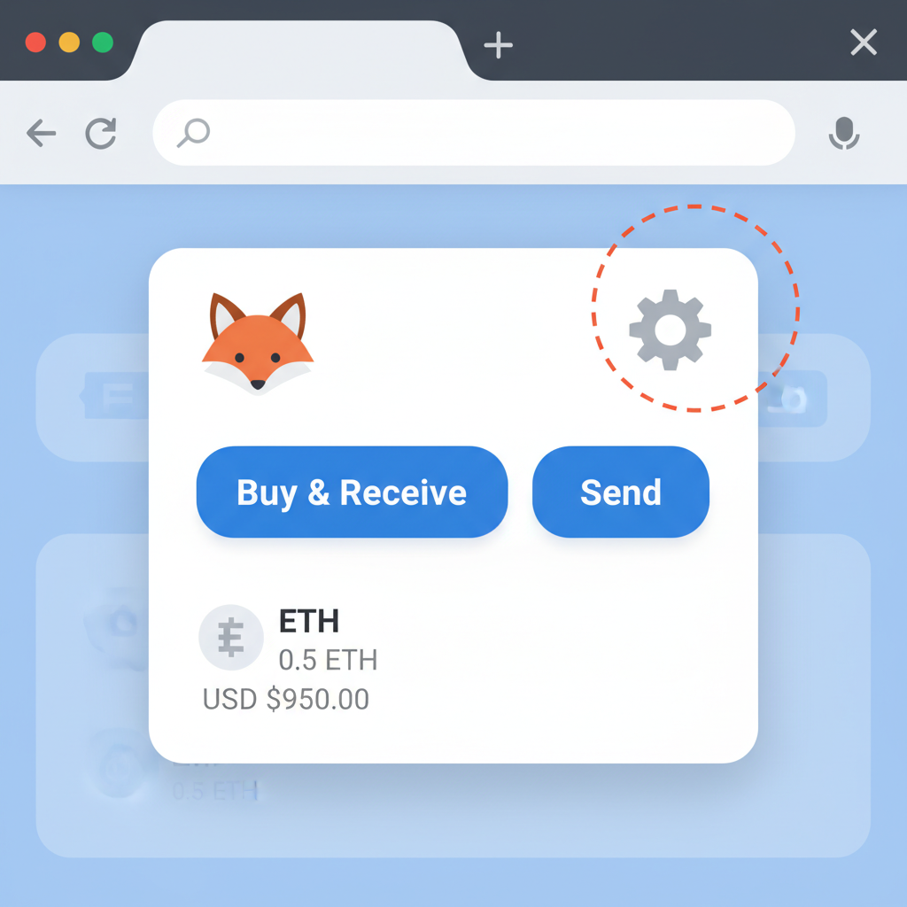 clean screenshot of MetaMask browser extension open showing settings gear icon, beginner friendly UI
