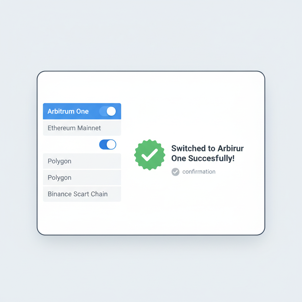 MetaMask network list with Arbitrum selected and switched, success confirmation
