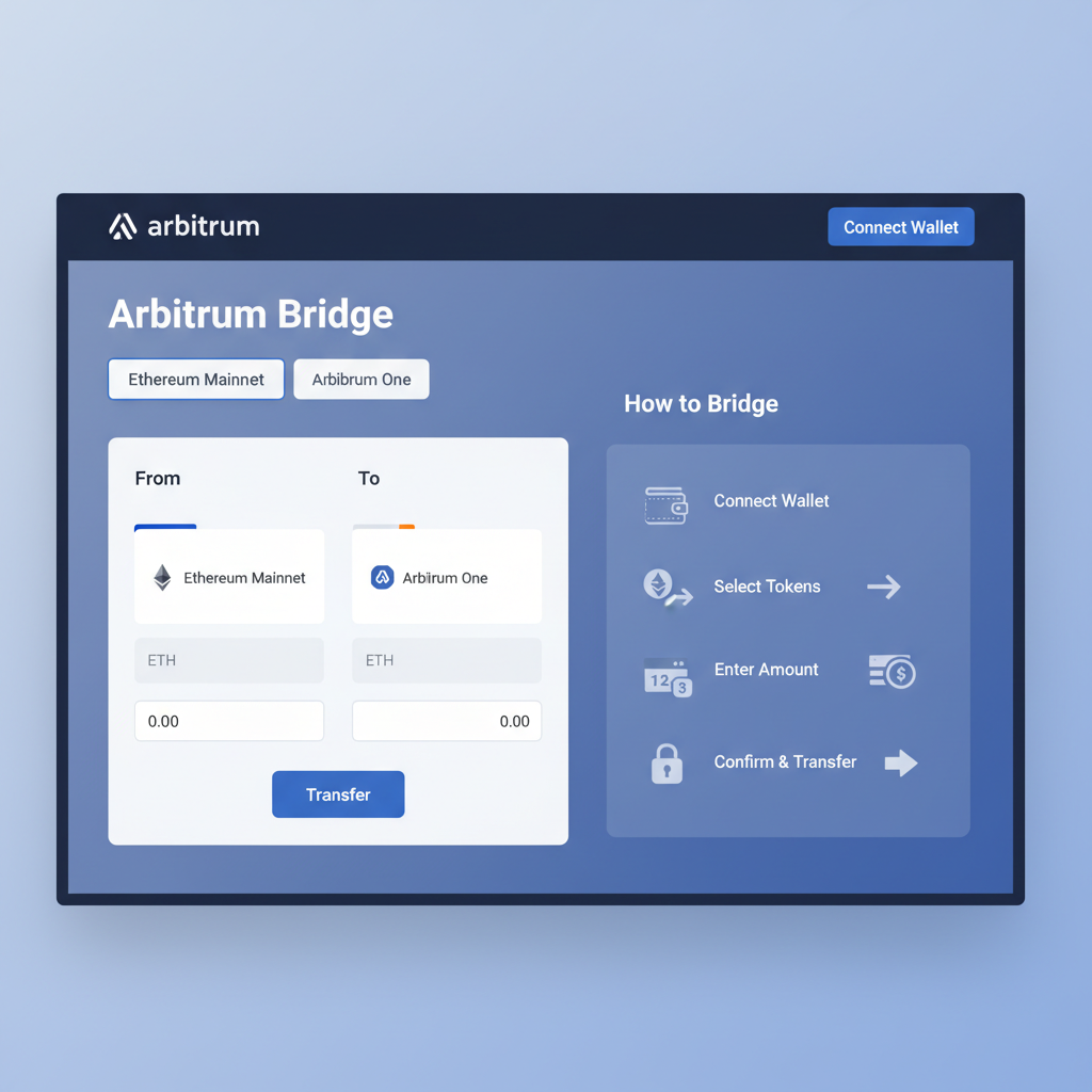 clean screenshot of Arbitrum official bridge homepage, Ethereum mainnet selector, professional UI