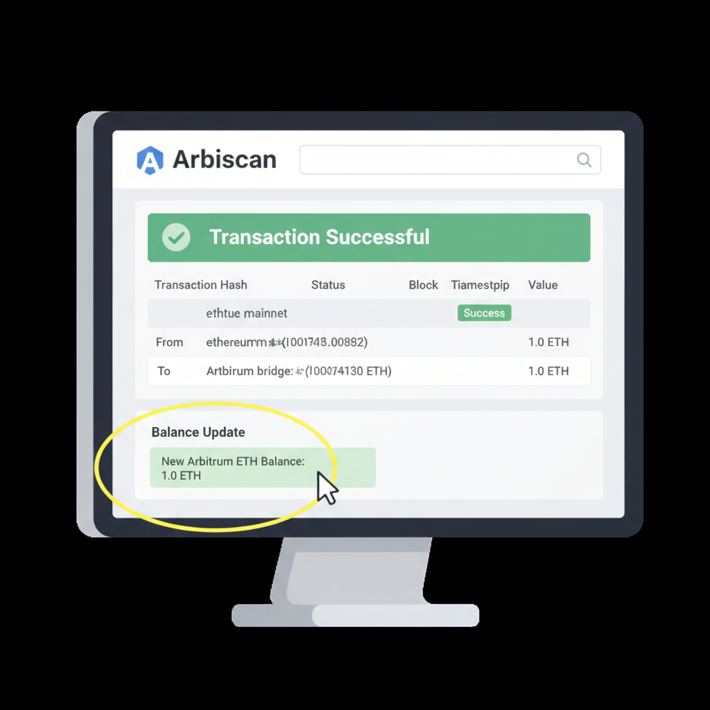 Arbiscan explorer page showing successful Arbitrum ETH deposit tx, balance update highlighted