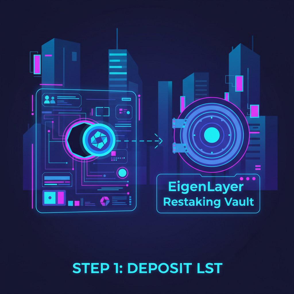 futuristic dashboard depositing glowing blue LST tokens into EigenLayer restaking vault, neon cyberpunk style, high tech UI elements