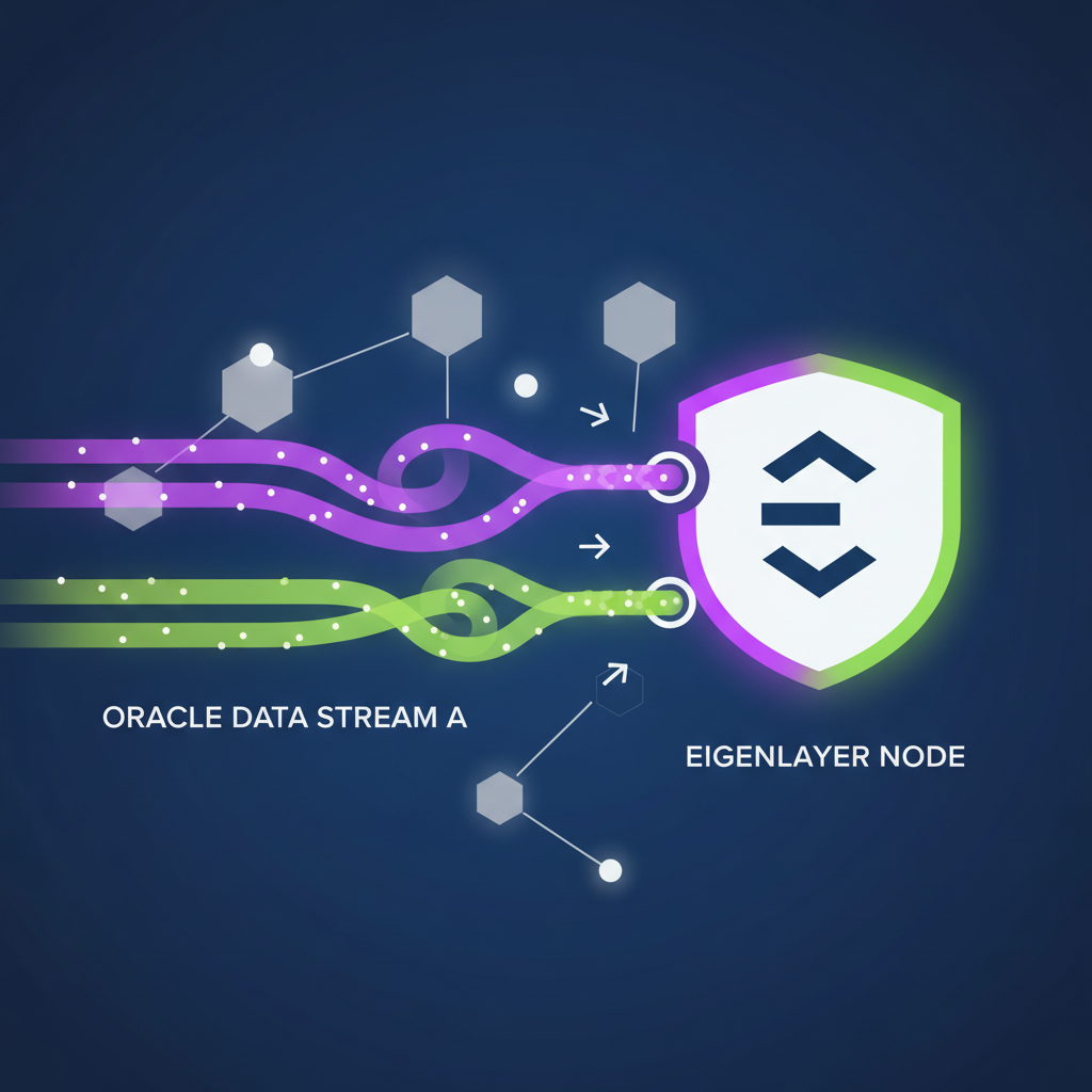 connecting glowing oracle data streams to EigenLayer node, ethereal data flows in purple and green, blockchain network visualization