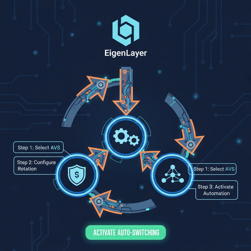 configuring automated switching gears on EigenLayer dashboard, arrows rotating between AVS icons, vibrant mechanical cyber aesthetic
