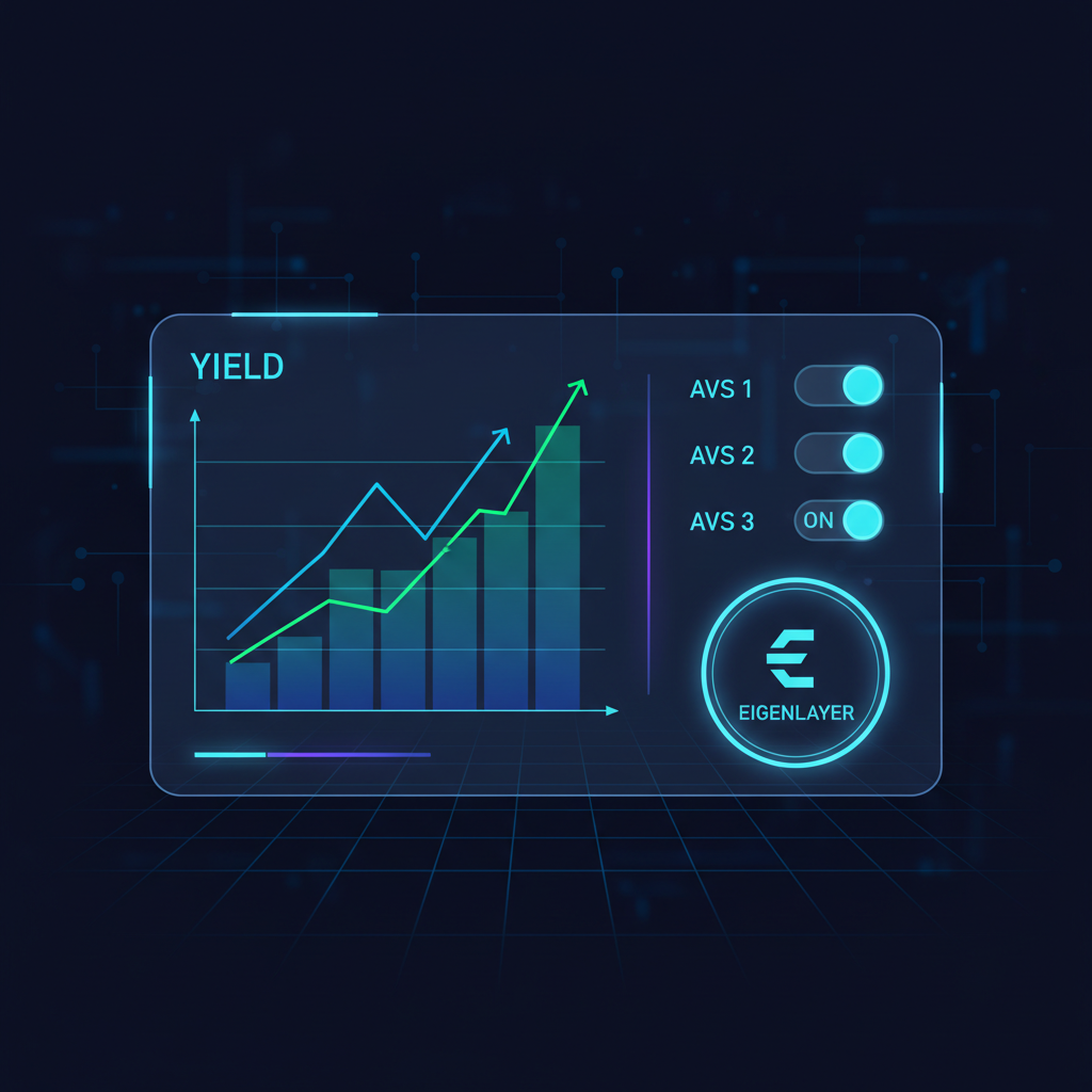 sleek monitoring dashboard showing rising yield charts and AVS switches on EigenLayer, holographic displays, dark mode futuristic
