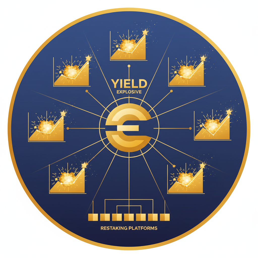 scaling up restaking empire with exploding yield graphs, EigenLayer logo prominent, explosive growth visualization in gold tones