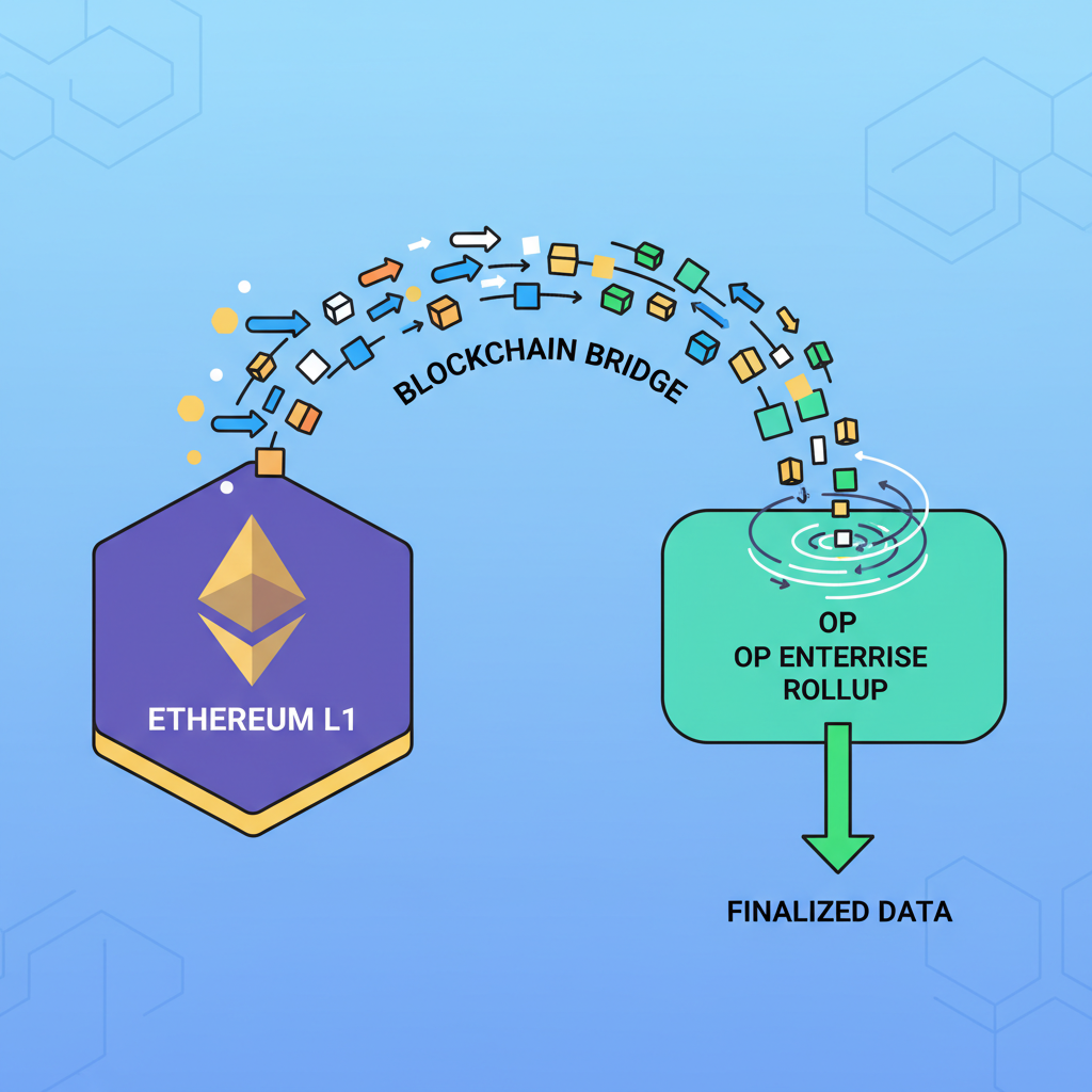 blockchain bridge connecting Ethereum L1 to OP Enterprise rollup with data flow visualization
