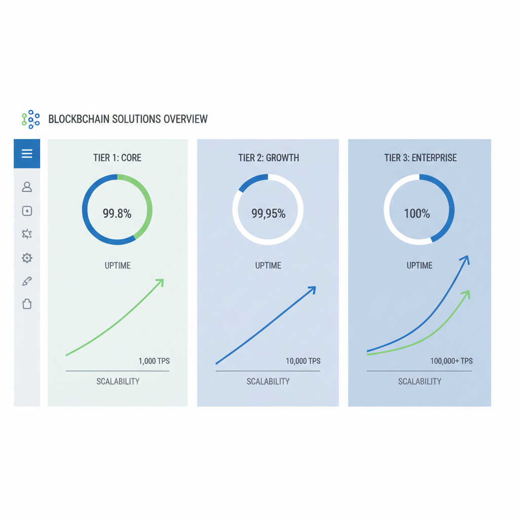 sleek dashboard showing three blockchain enterprise tiers with uptime metrics and scalability graphs