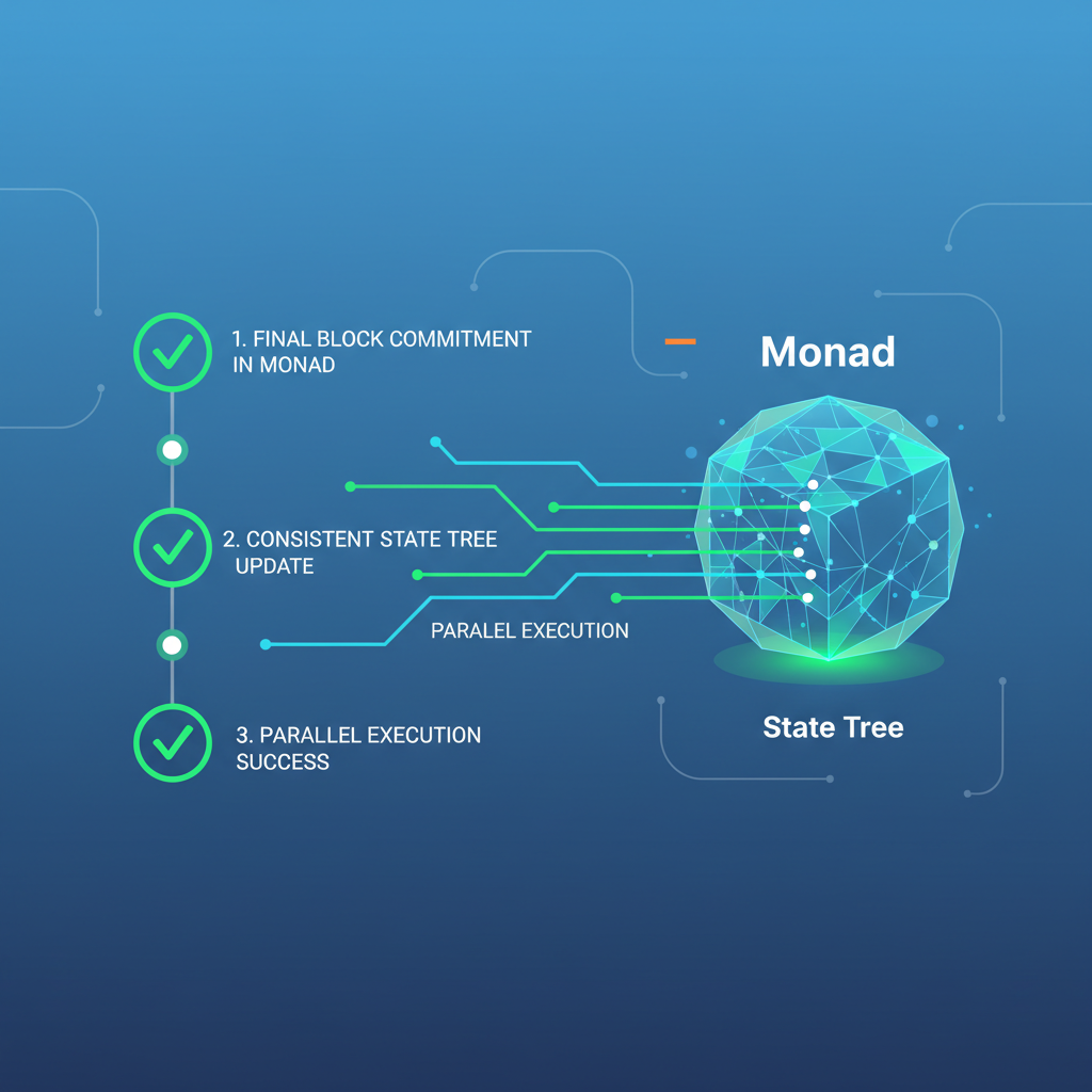 final block commitment in Monad, consistent state tree update, parallel execution success, green checkmarks, futuristic blockchain UI