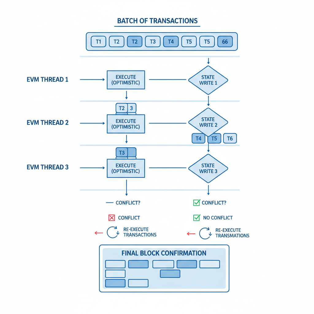 diagram of multiple EVM threads executing transactions in parallel, optimistic execution flow, technical blockchain illustration, clean lines blue tones