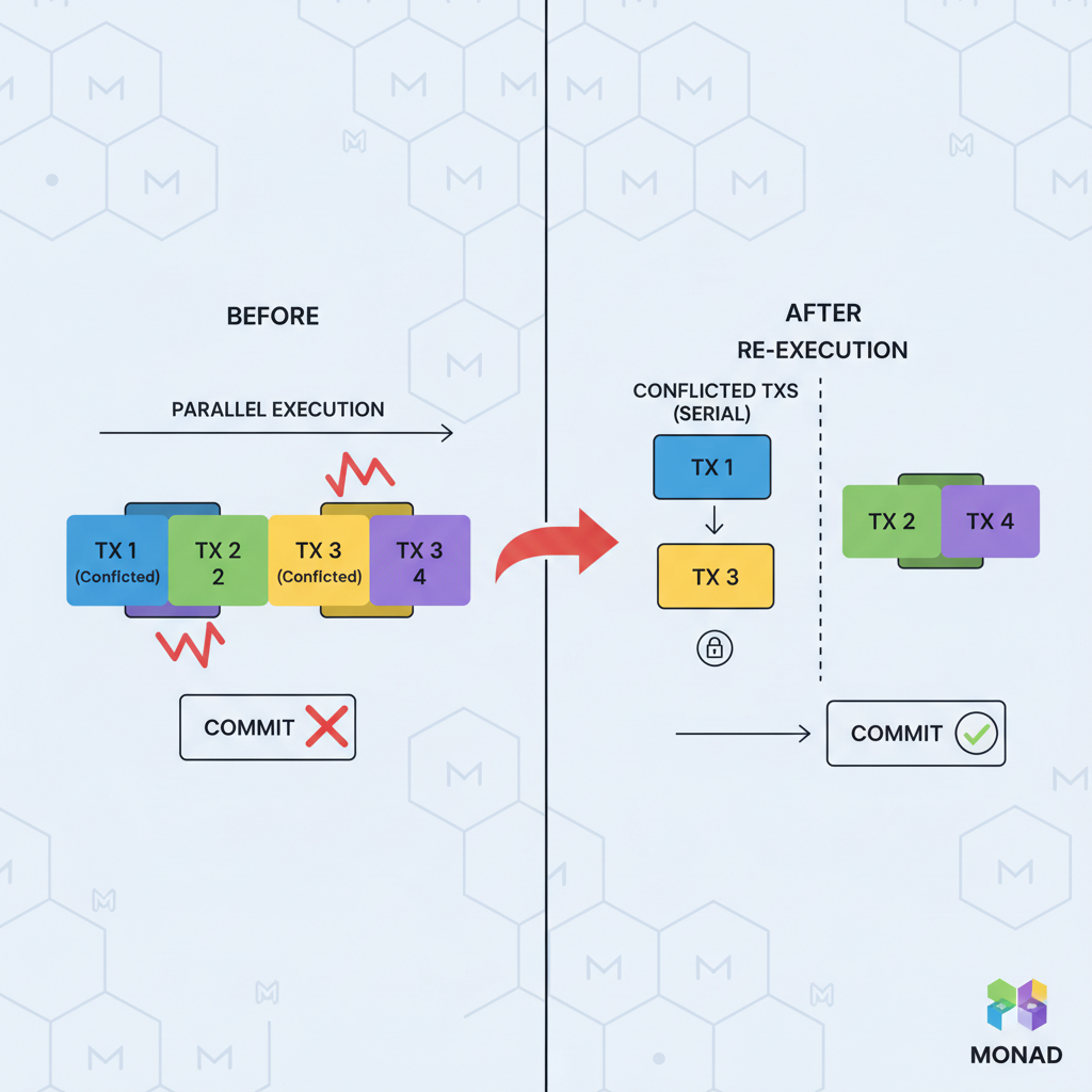 before-after re-execution diagram, conflicted transactions re-run serially, parallel to serial flow, Monad blockchain theme, precise illustration