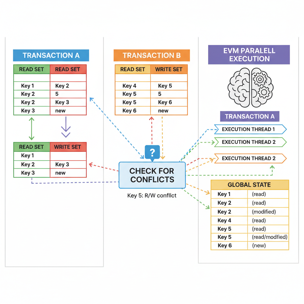 visualization of read/write sets in blockchain transactions, tables showing keys accessed and modified, EVM parallel execution context, schematic diagram