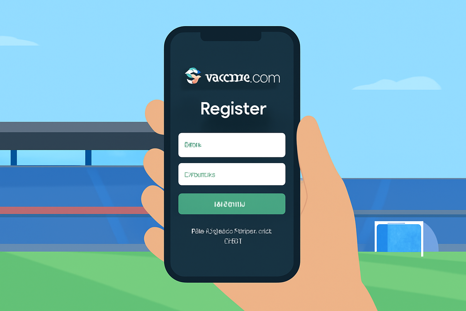 A person holding a smartphone displaying the Socios.com app registration screen, with a soccer stadium in the background.