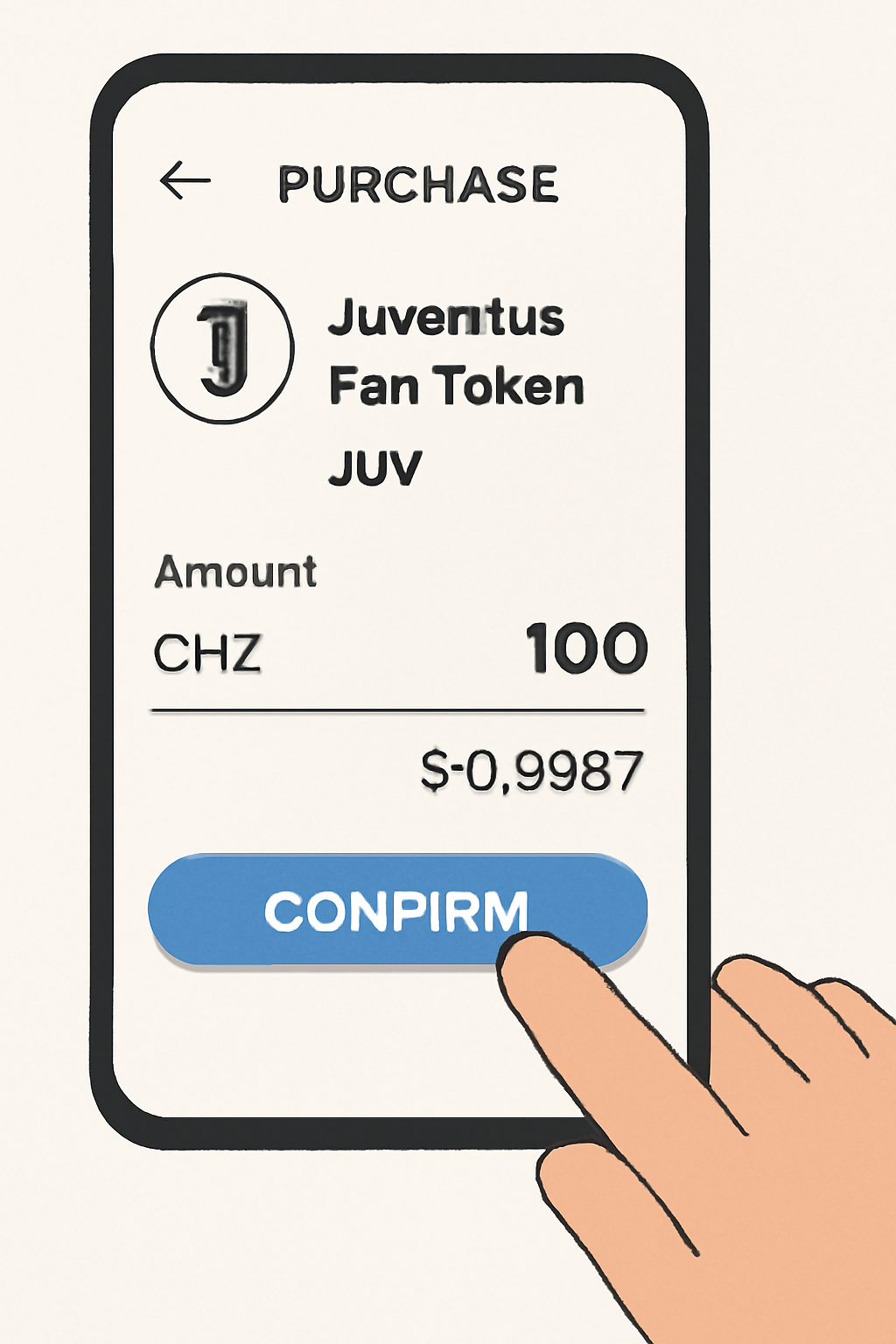 A user confirming a purchase of Juventus (JUV) fan tokens using CHZ on a mobile app interface, with a price tag of $0.8687 visible.