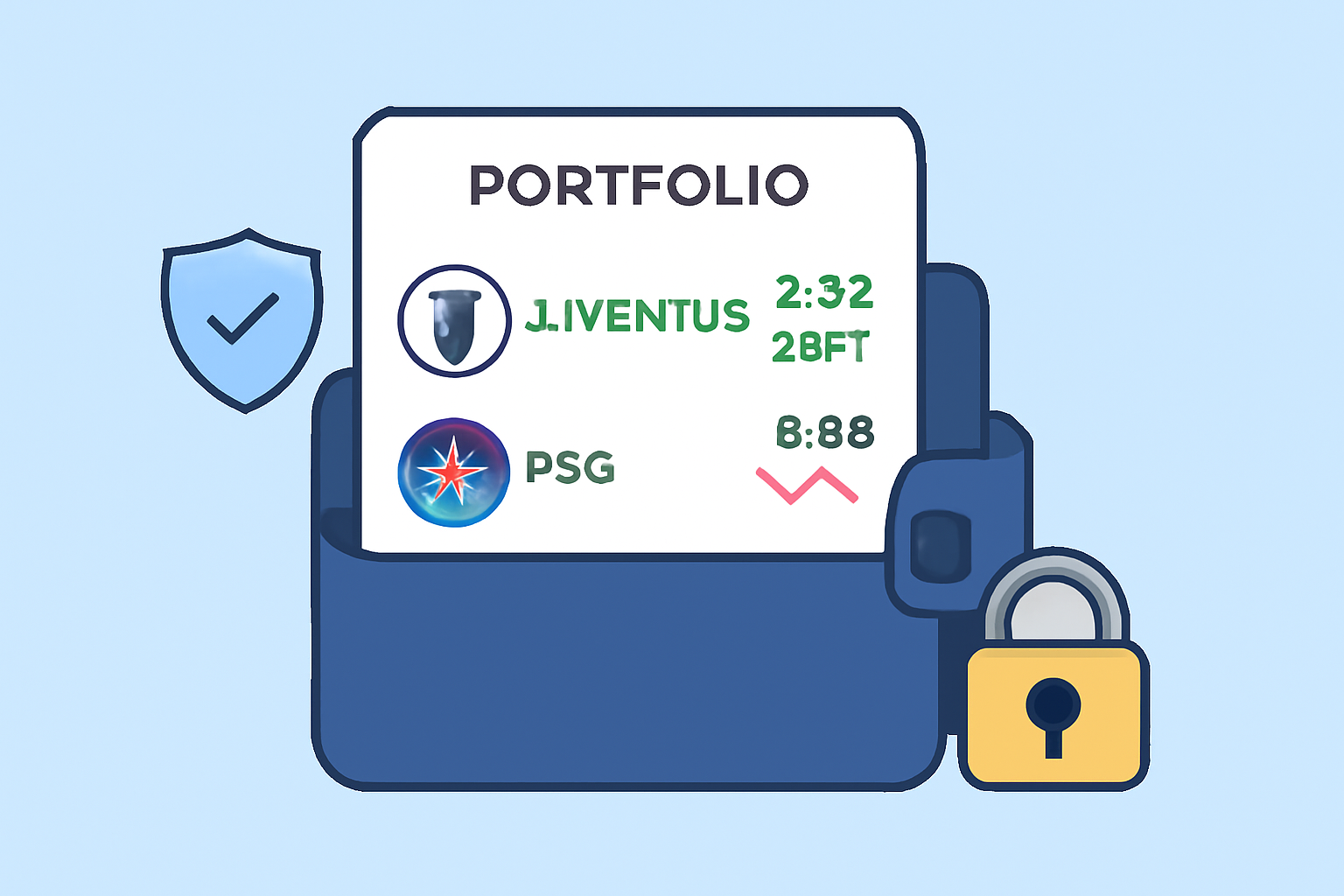 A digital wallet showing a portfolio of fan tokens, with security icons and price charts for Juventus and PSG tokens.