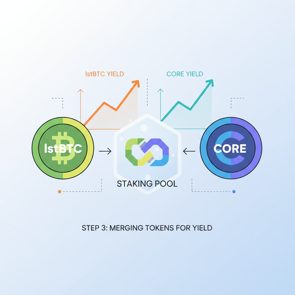 dual tokens lstBTC and CORE merging in staking pool, yield charts rising