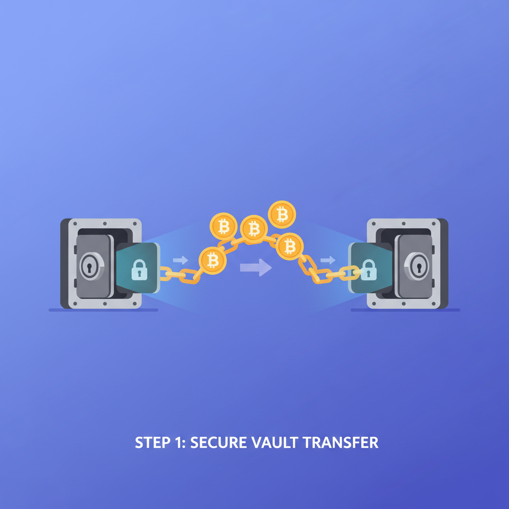 BTC coins bridging across glowing chain, secure vault transfer animation