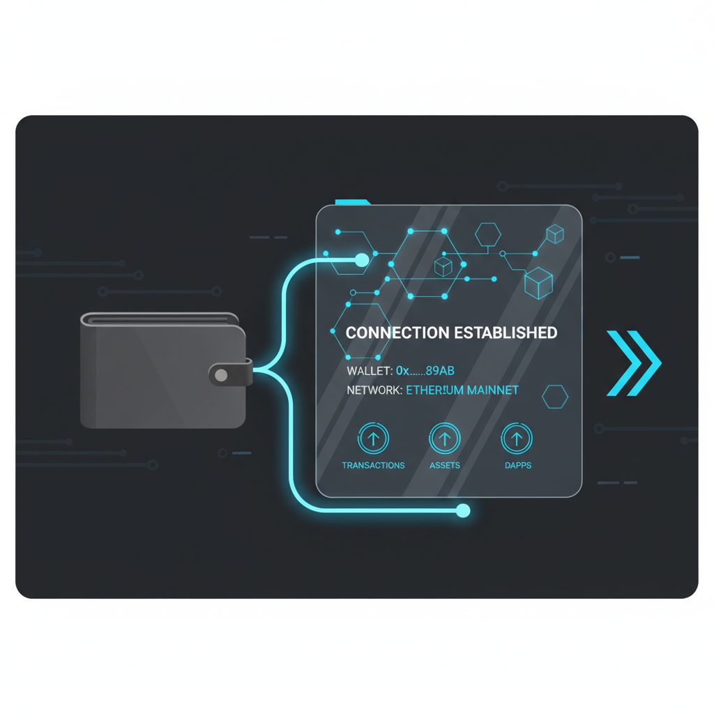 sleek wallet connecting to blockchain dashboard, neon blue interface, futuristic UI