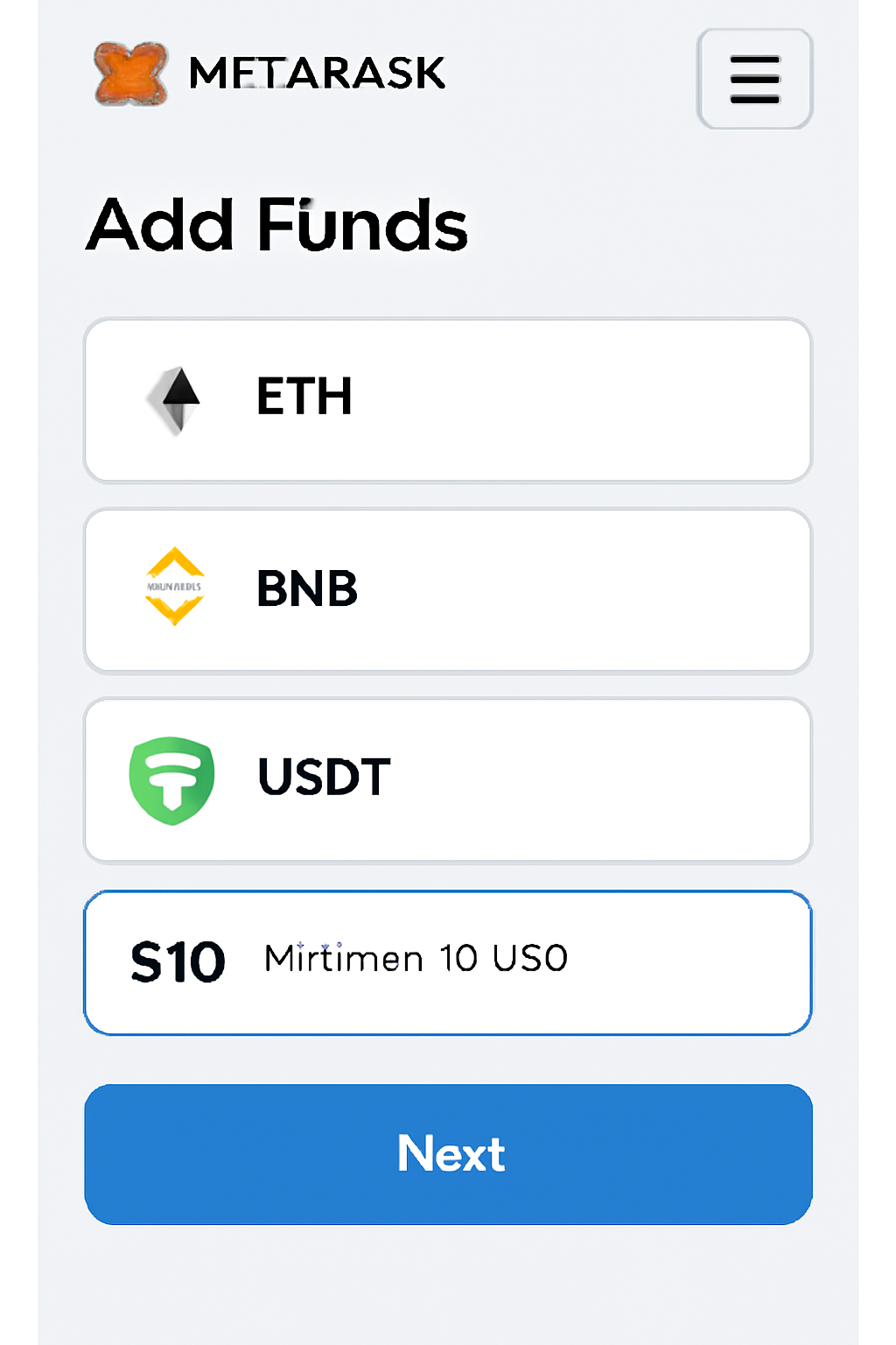 User interface showing MetaMask Mobile's 'Add Funds' screen, with token options (ETH, BNB, USDT), minimum $10 highlighted, and a confirmation button