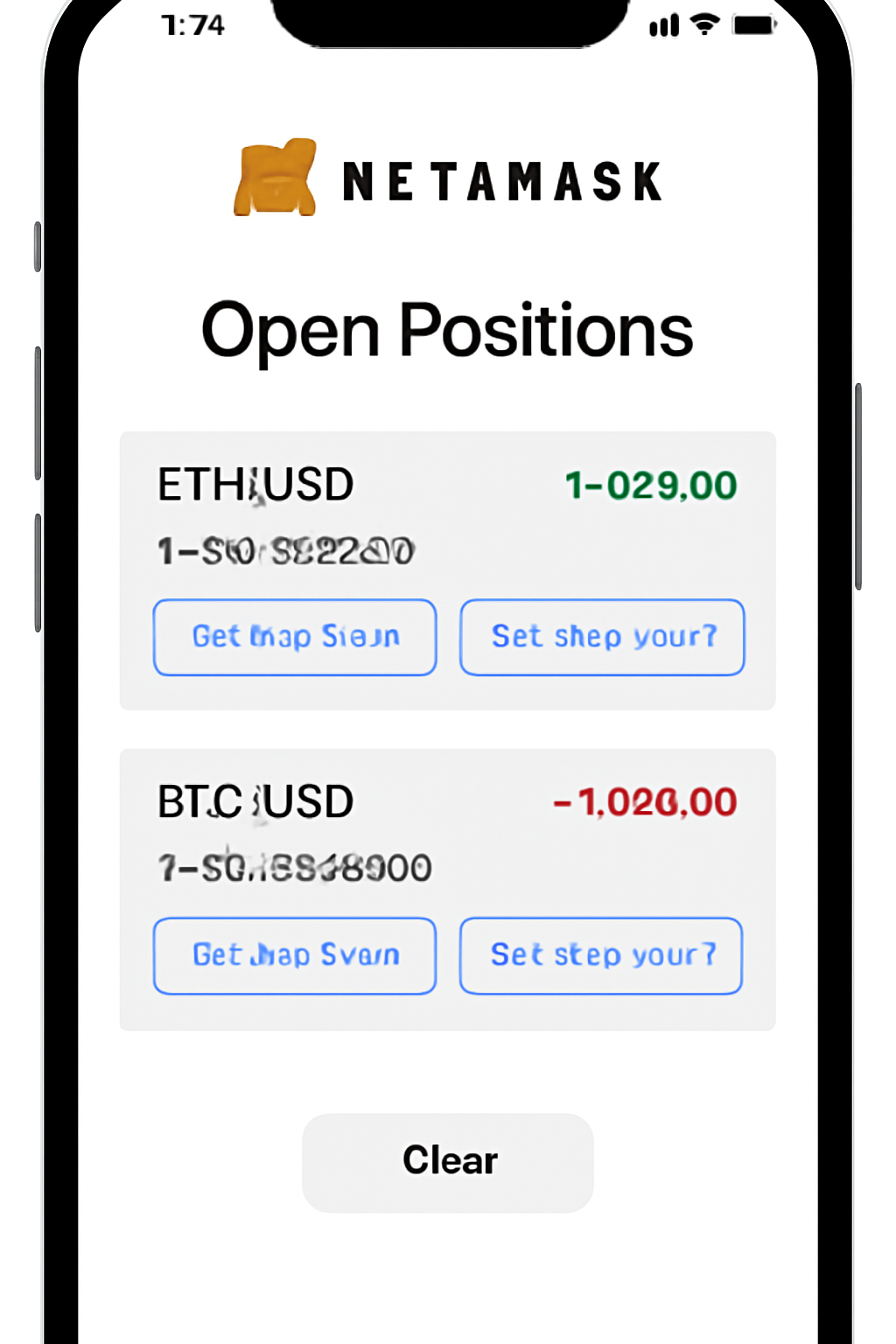MetaMask Mobile screen displaying open positions with options to set stop-loss and take-profit, clear risk management visuals