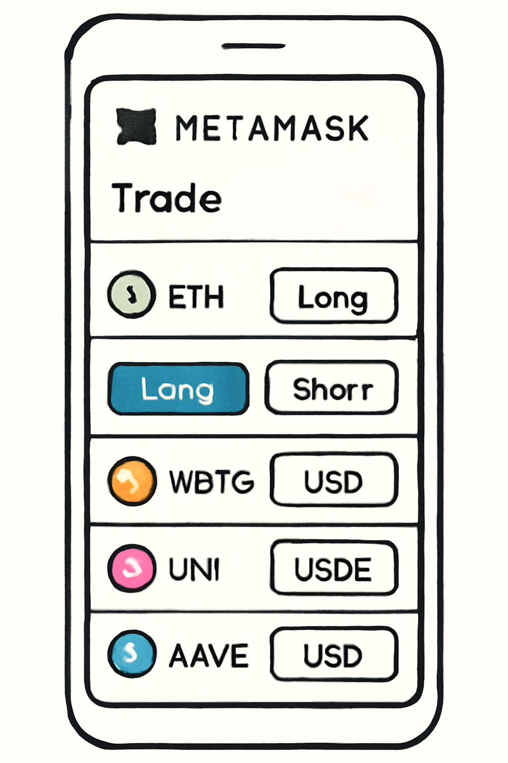 MetaMask Mobile app screen showing a list of crypto trading pairs, with options to select 'Long' or 'Short' for a chosen token