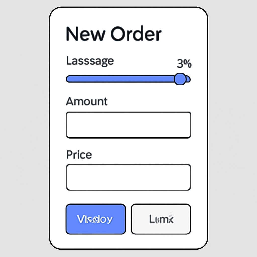 App interface showing leverage slider (up to 40x), amount input, price input, and order type selection (market/limit)