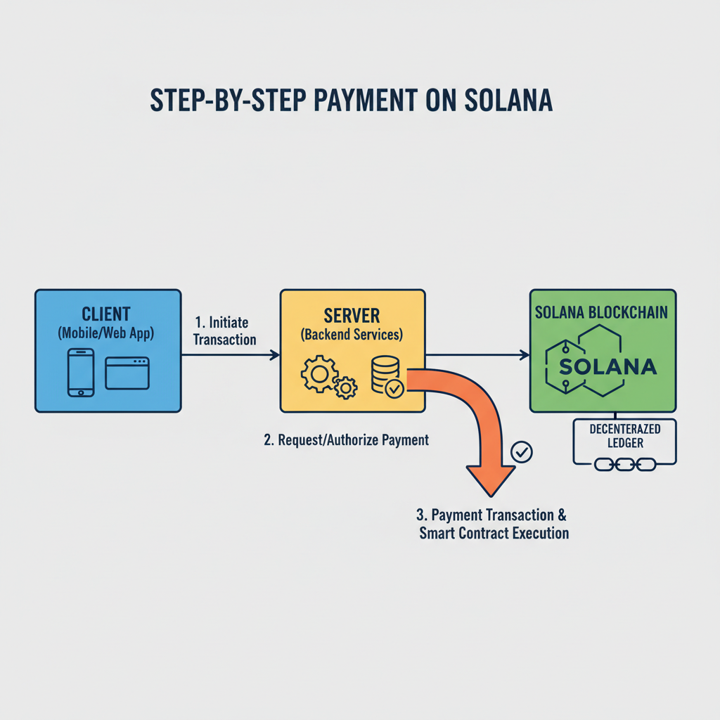 client-server diagram with payment transaction arrow on Solana blockchain