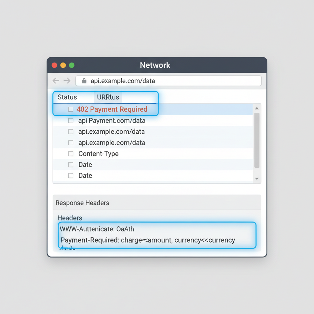 HTTP 402 response with payment headers highlighted, web browser network tab