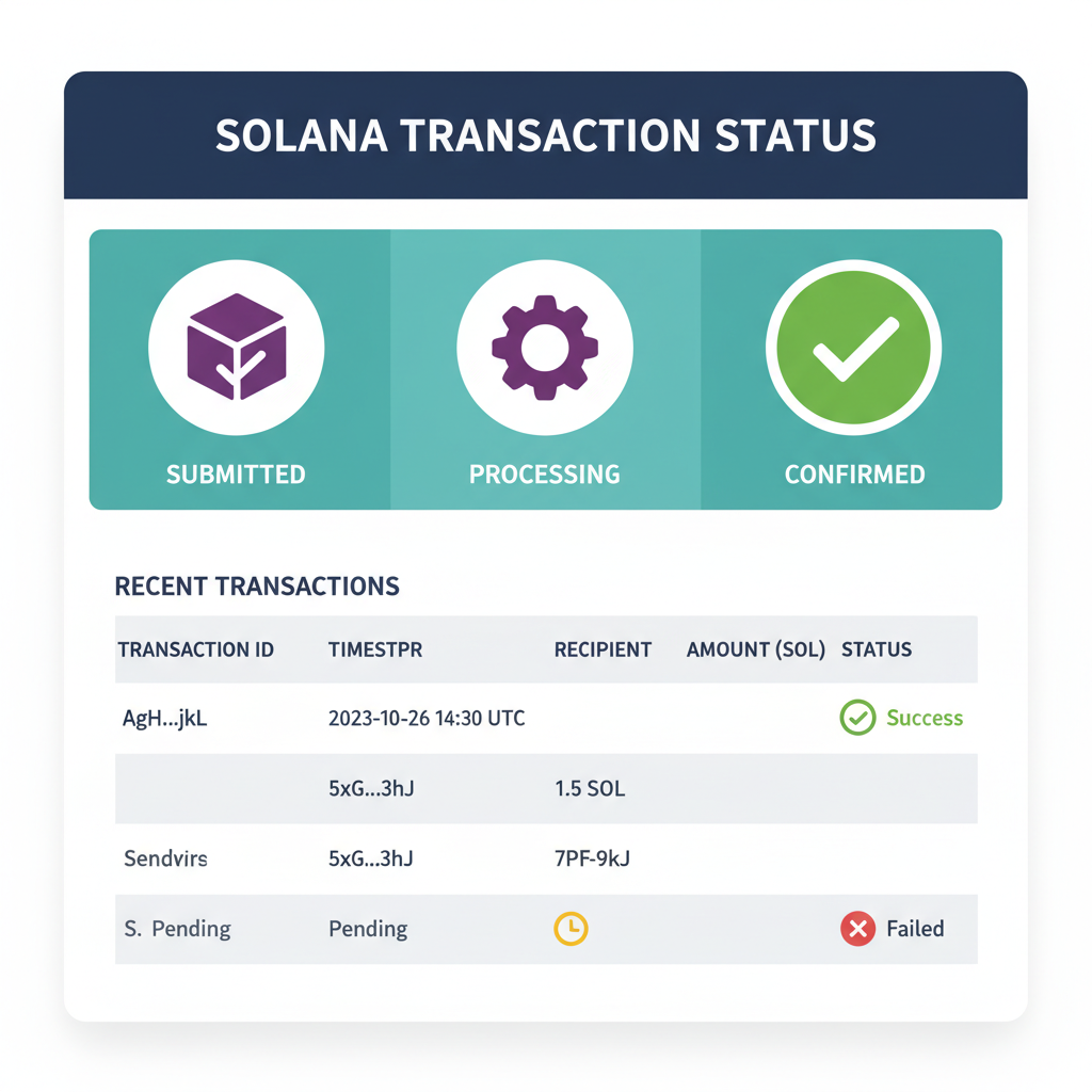 Solana transaction verification dashboard, green checkmark on recent tx