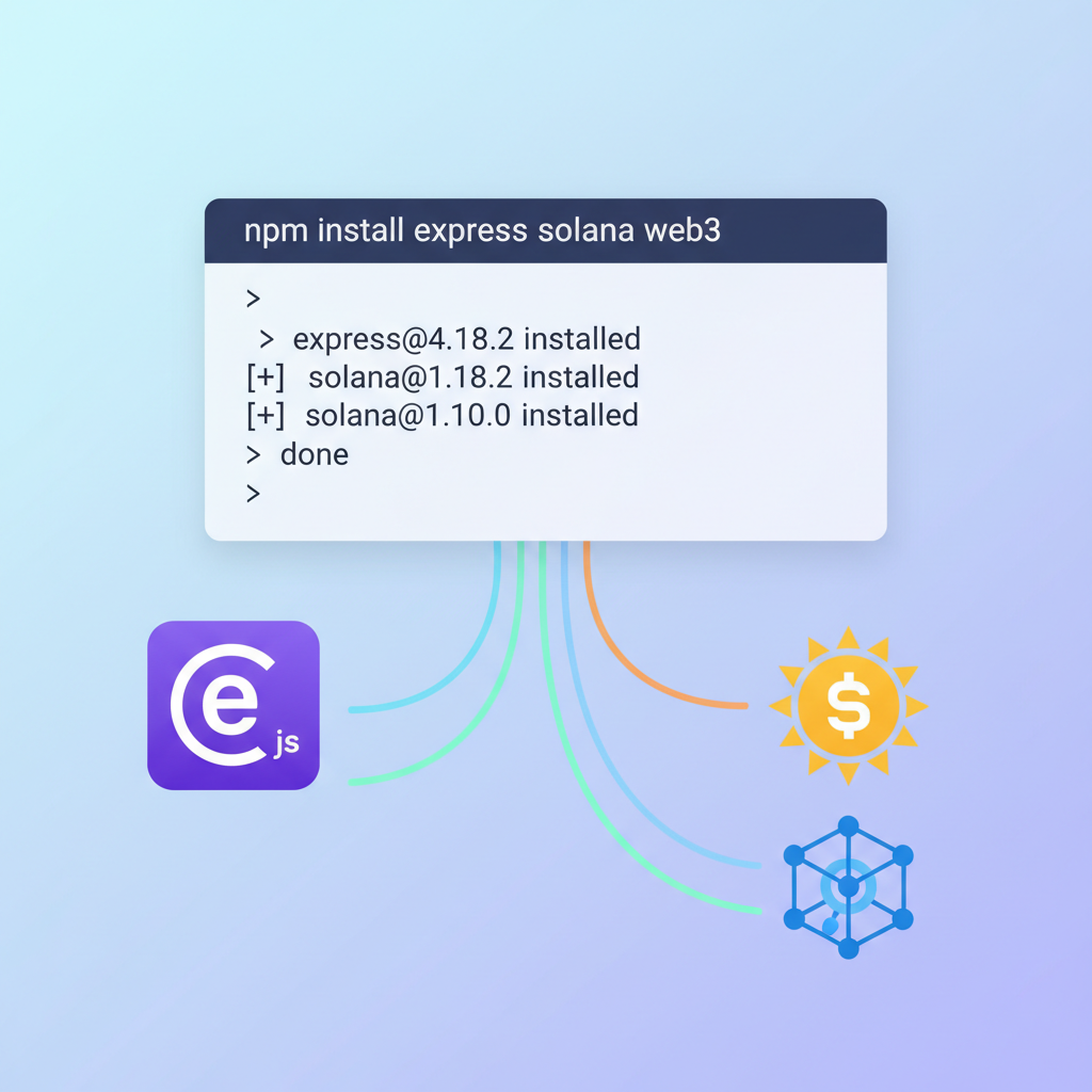 npm install packages in terminal, icons of express solana web3, vibrant code flow