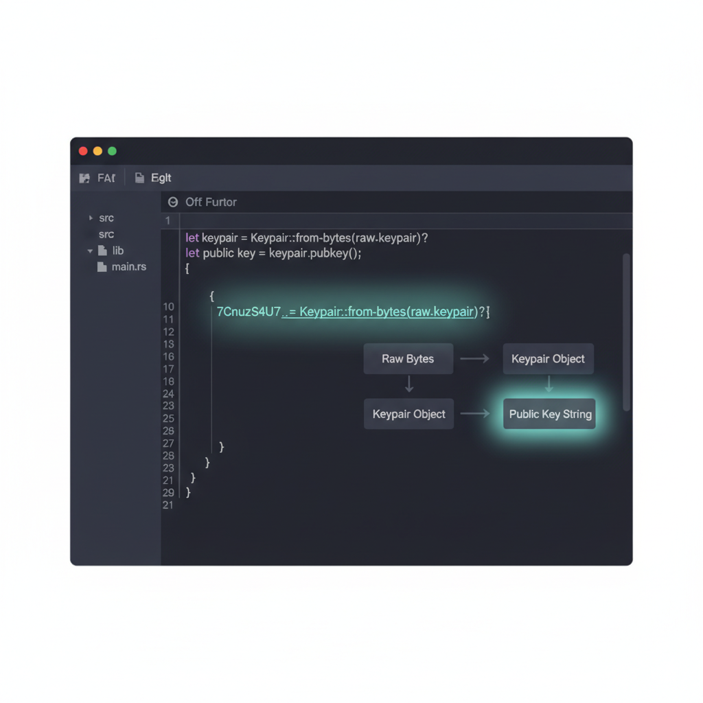 Solana keypair loading in code editor, glowing public key string