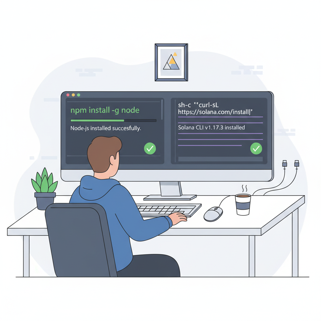 developer at desk setting up Node.js and Solana CLI in terminal, modern tech workspace, clean illustration