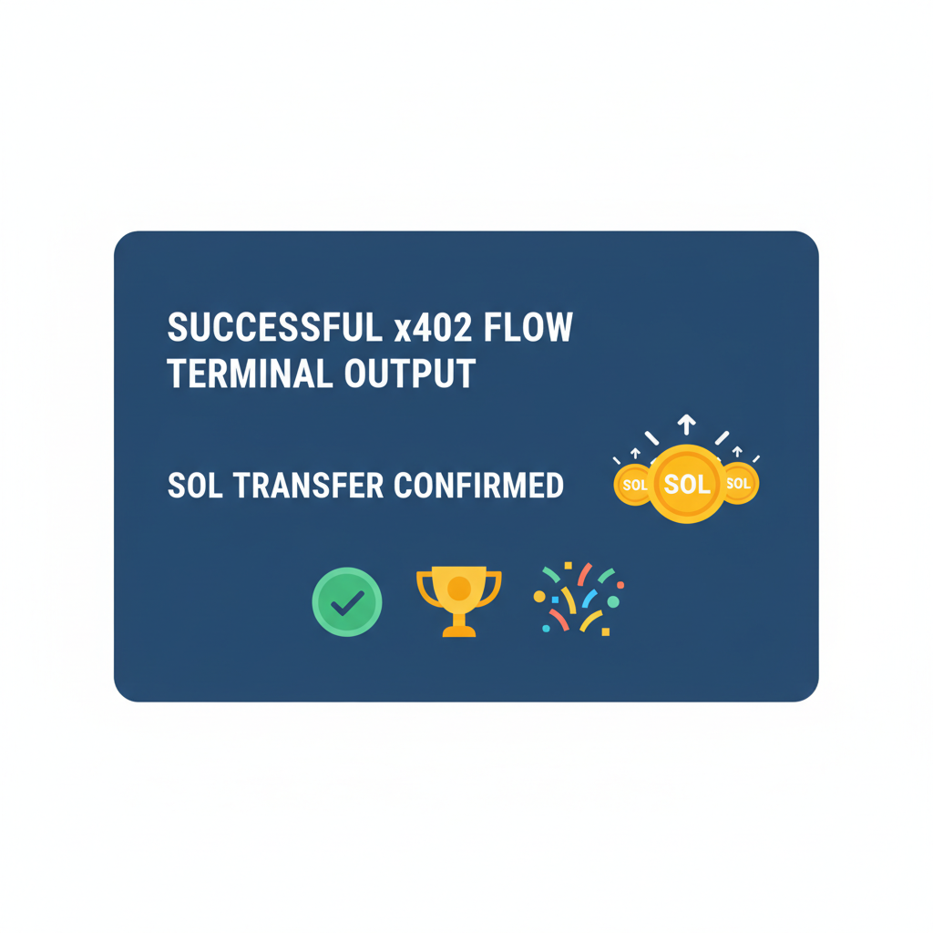 successful x402 flow terminal output, SOL transfer confirmed, celebration icons