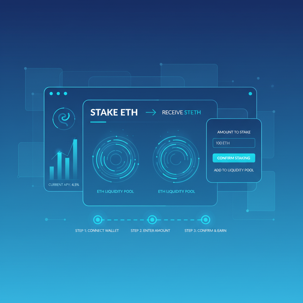 sleek DeFi interface staking ETH to stETH, glowing liquidity pools, futuristic blue tones