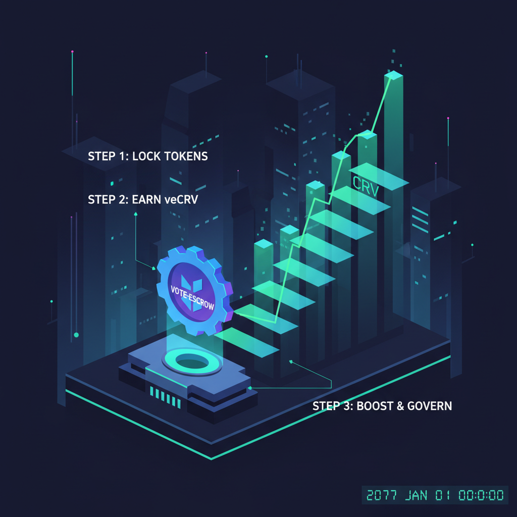 vote-escrow token locking mechanism, time-weighted charts rising, Curve Finance vibes cyberpunk style