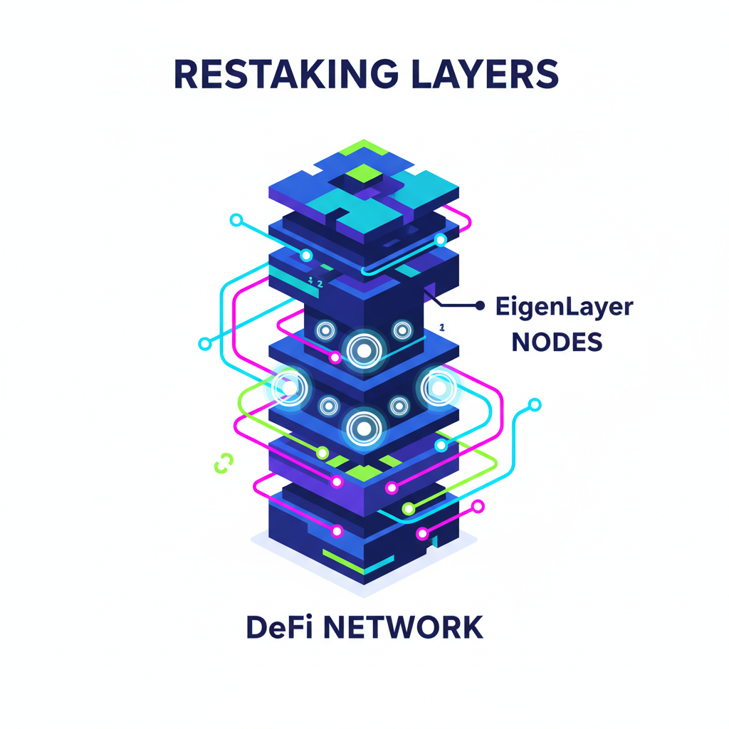 restaking layers stacking high, EigenLayer nodes pulsing energy, neon DeFi network