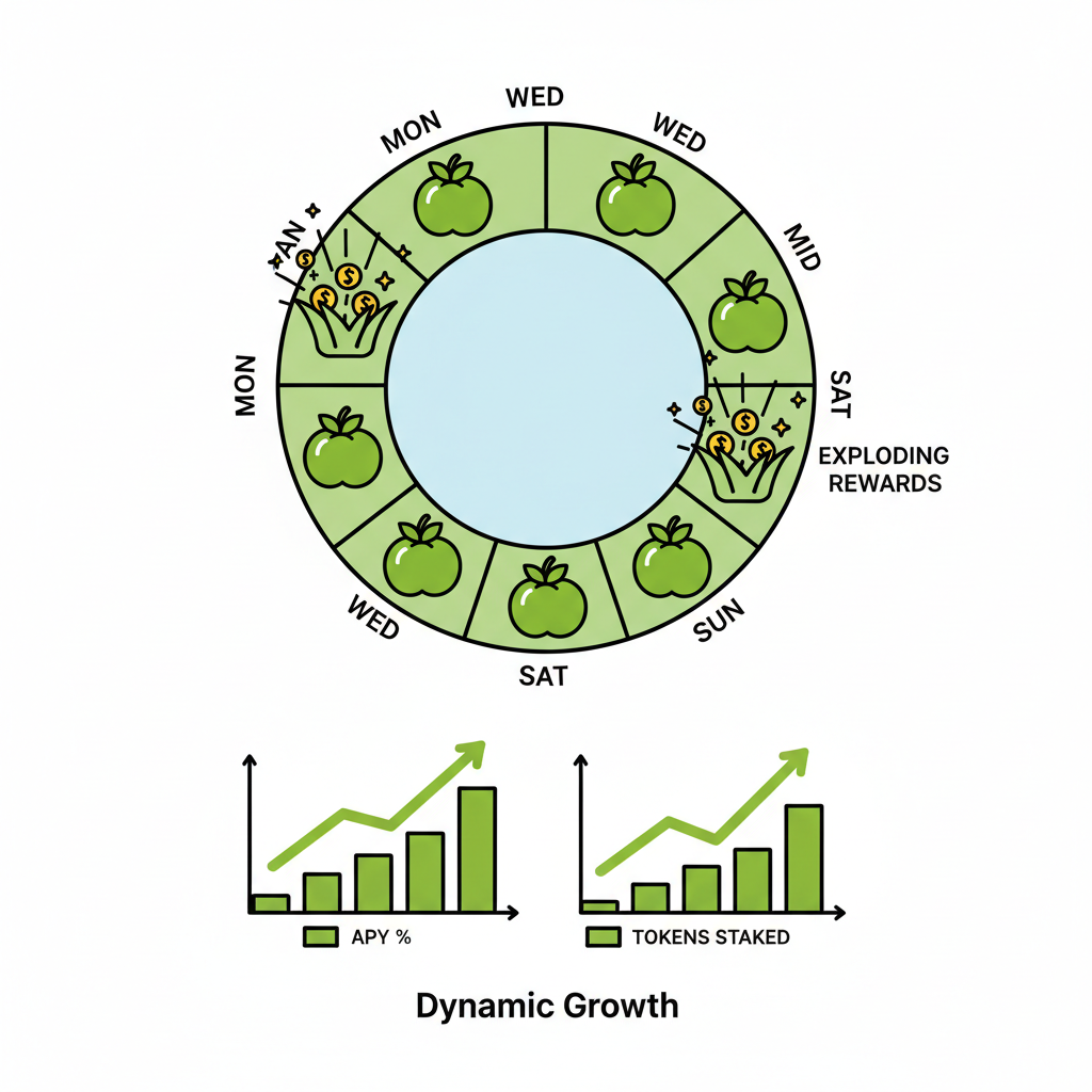weekly staking rotation calendar, harvest icons exploding rewards, dynamic charts green arrows