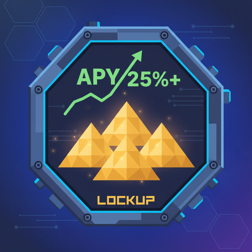 tiered lockup pyramids glowing gold, APY charts soaring 25%+, secure vault DeFi aesthetic