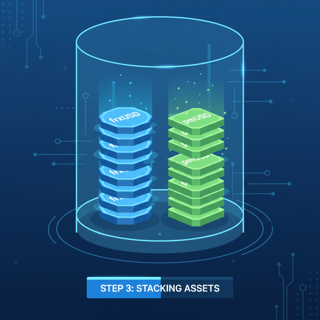 stablecoins frxUSD pmUSD stacking in digital vault, glowing tokens, high-tech minimalism