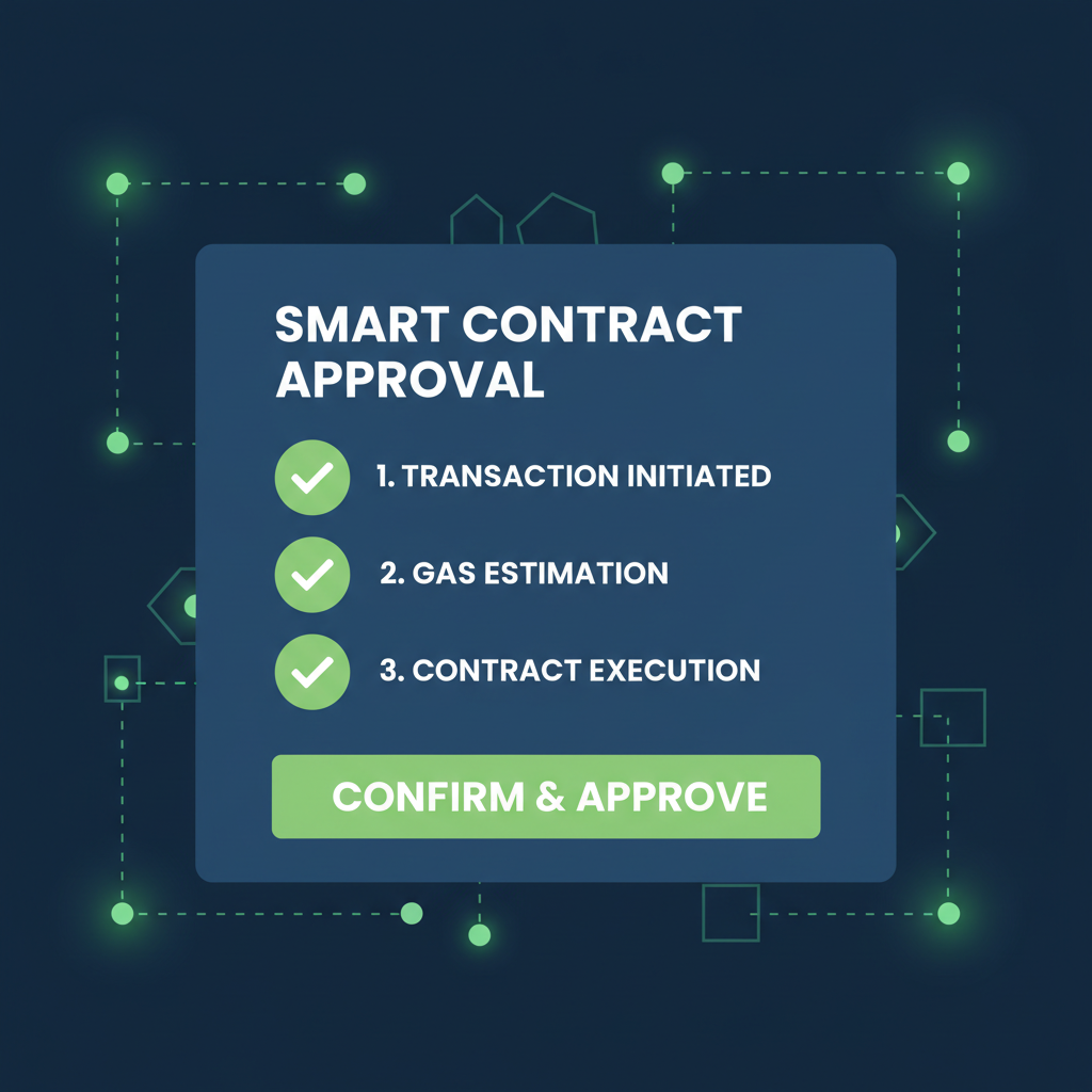 smart contract approval screen, green checkmarks, blockchain nodes pulsing