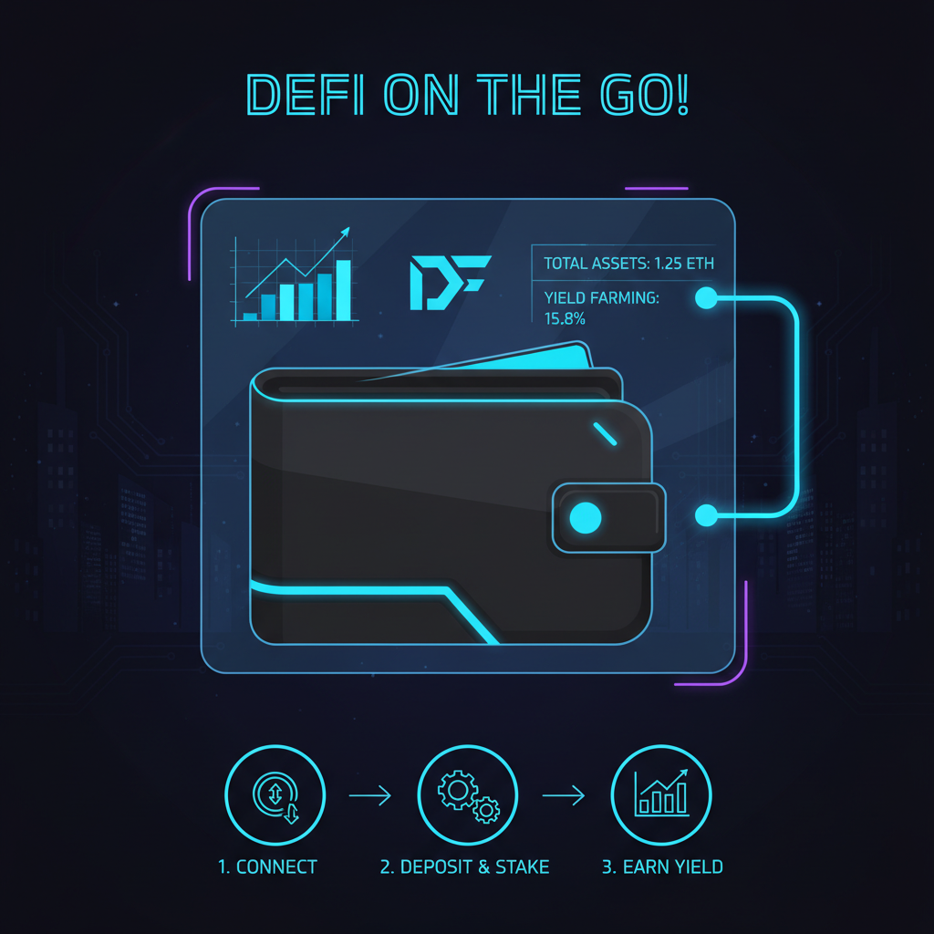 sleek futuristic wallet connecting to DeFi dashboard, neon blues, cyberpunk style