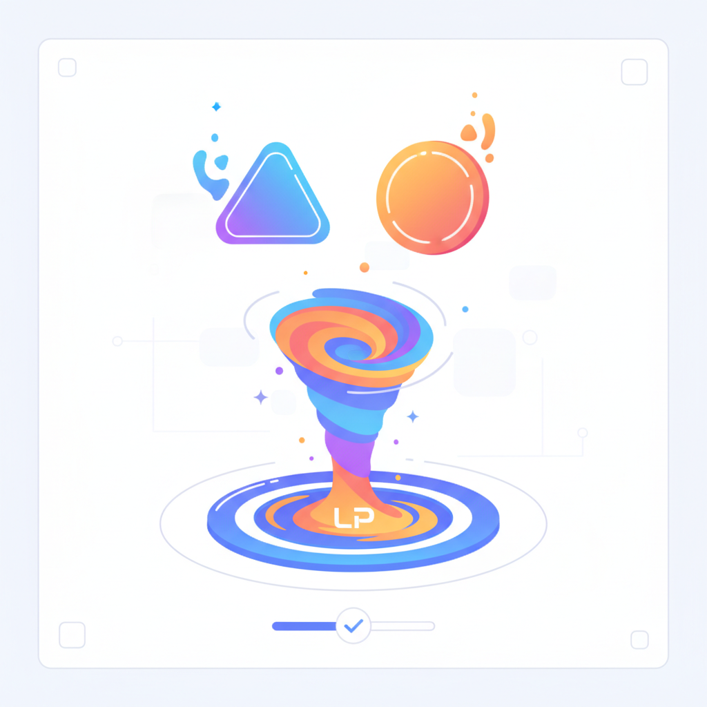 liquidity deposit animation, tokens merging into pool vortex, vibrant gradients