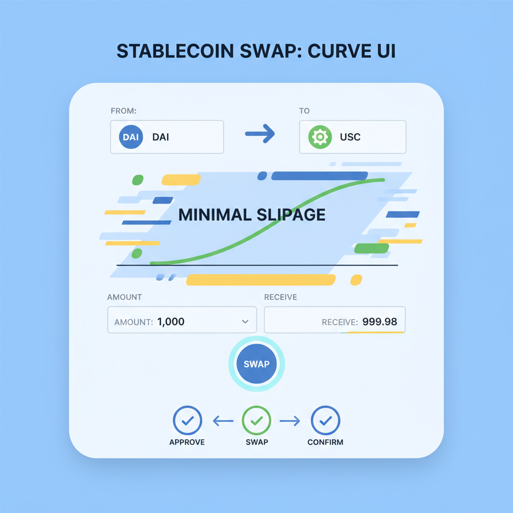 stablecoin swap flow in Curve UI, minimal slippage graph, speed lines