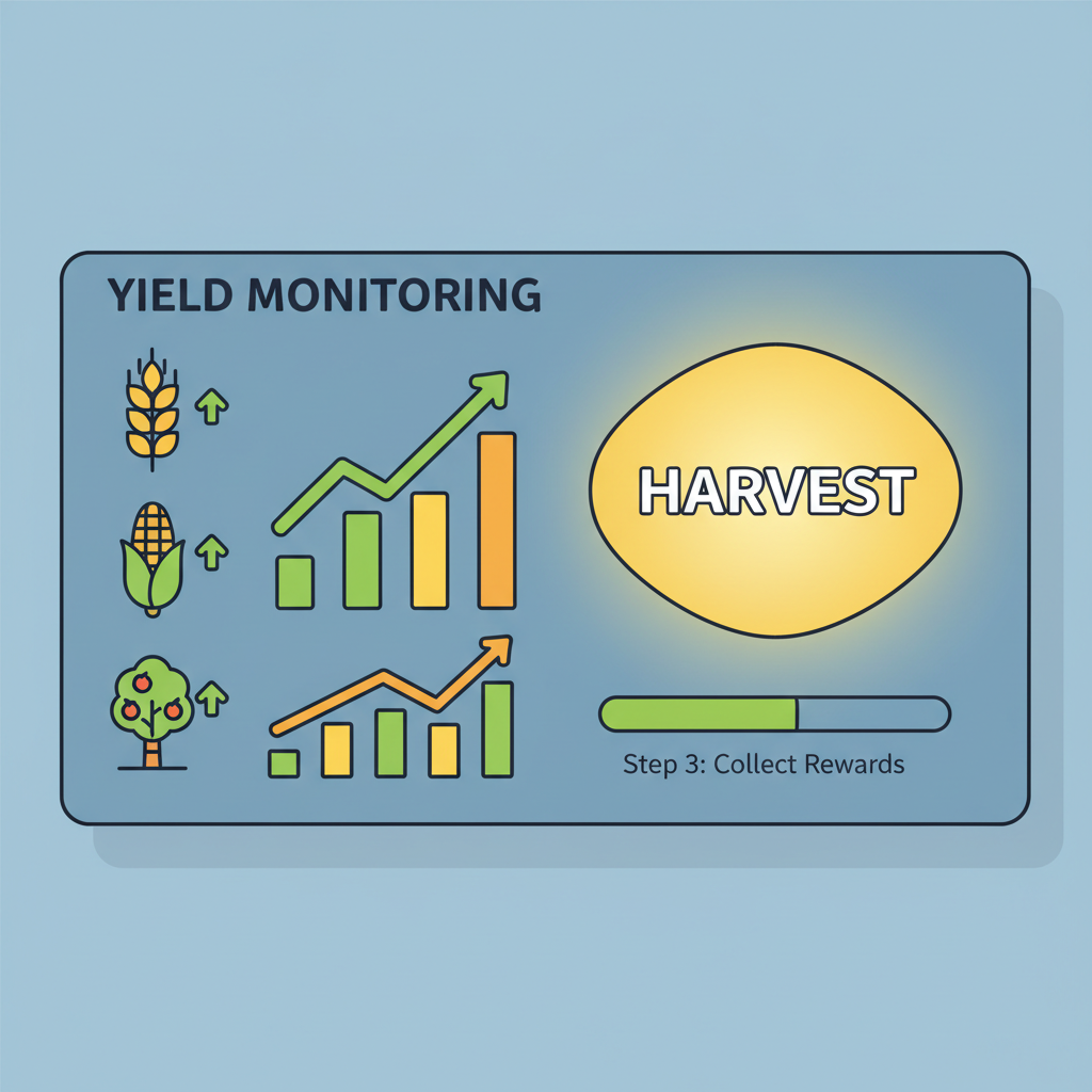 dashboard monitoring yields, charts climbing, harvest button glowing