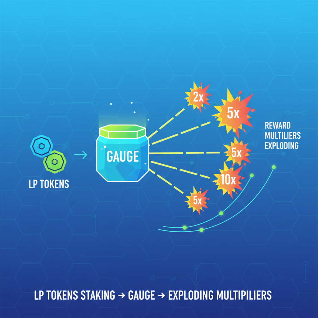 LP tokens staking into gauge, reward multipliers exploding, futuristic graph