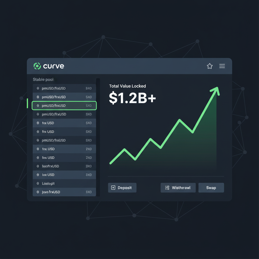 Curve Finance pool interface highlighting pmUSD frxUSD, charts surging, dark mode UI