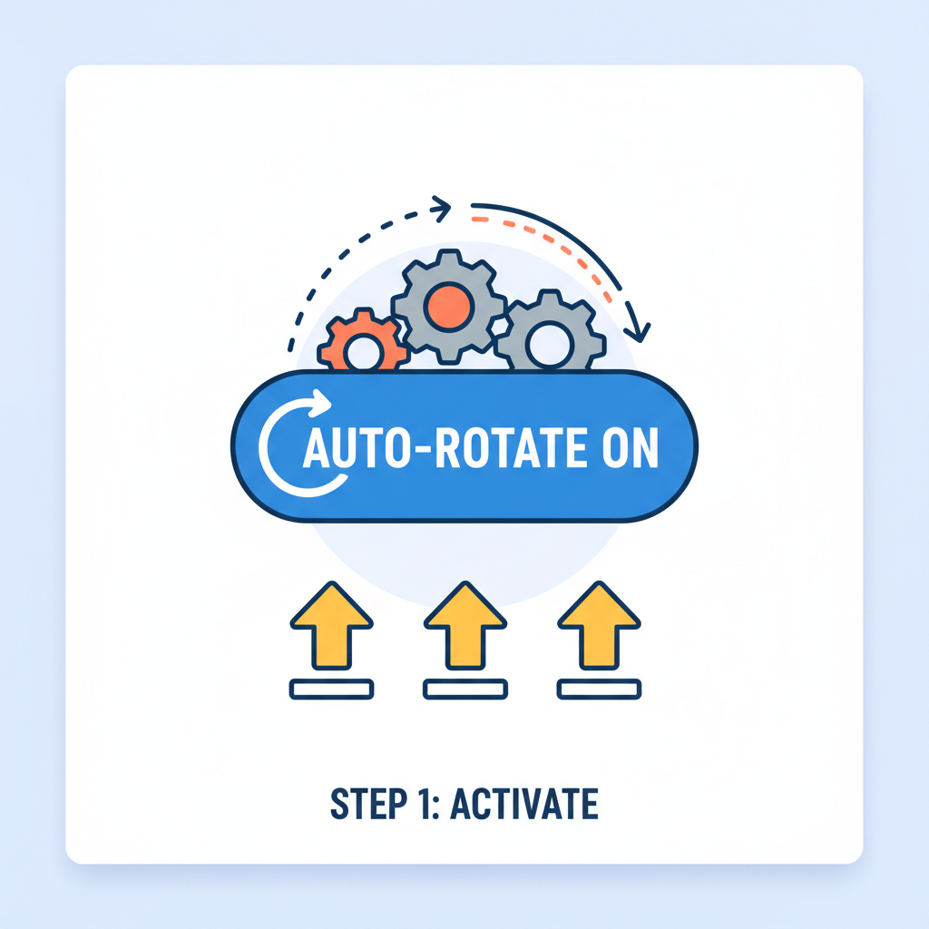 auto-rotate button activated, spinning gears, yield arrows up