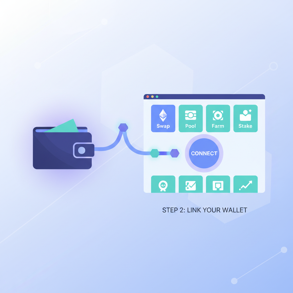 wallet connecting to DeFi dashboard, Ethereum glow, clean futuristic UI