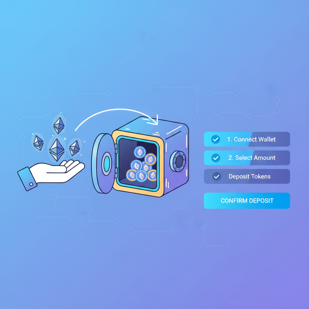depositing tokens into vault interface, glowing ETH icons, DeFi flow