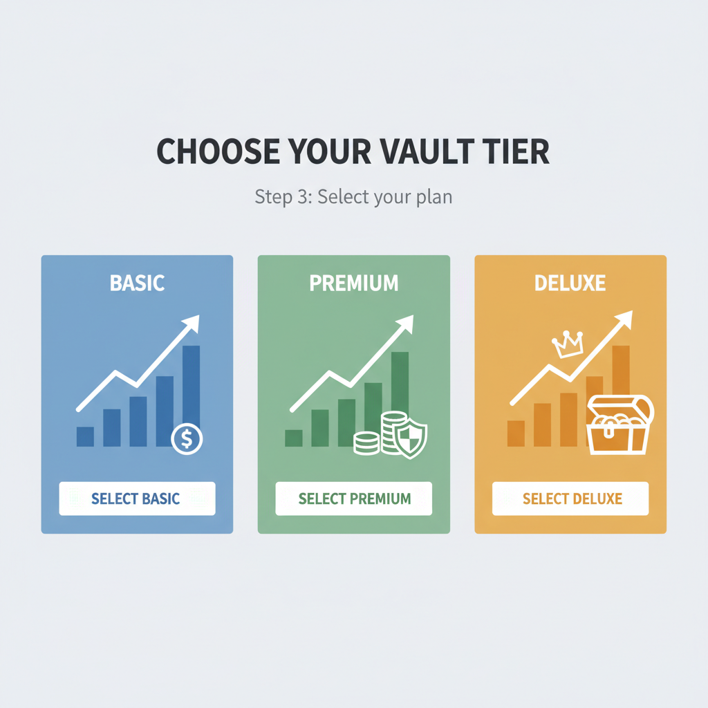 vault tier selection screen, rising charts, color-coded options