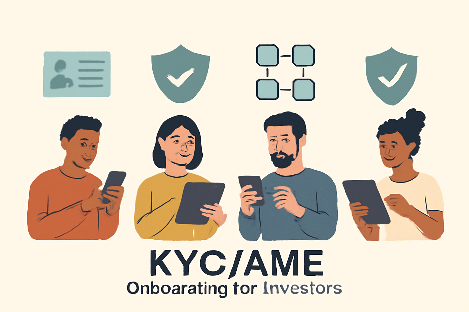 A diverse group of people verifying identities on digital devices, with security shields and blockchain icons, illustrating KYC/AML onboarding for investors.